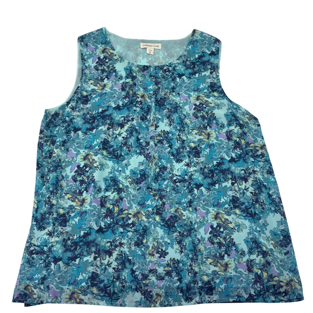 Coldwater Creek Womens XL 16 Teal Blue Floral Chiffon Sleeveless Lined Blouse